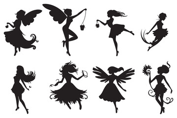 Fairy magic silhouettes set white background