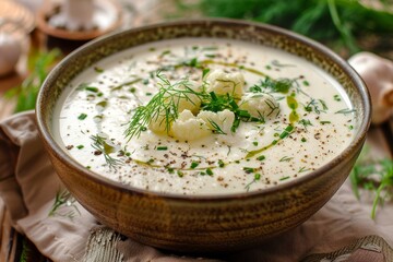 bowl with cauliflower soup and dill