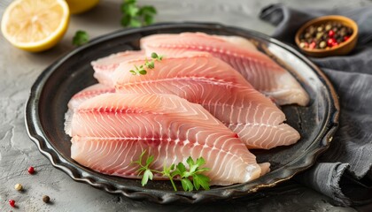 Bowl with fresh fish fillets for cooking including pangasius dolly fish tilapia and catfish