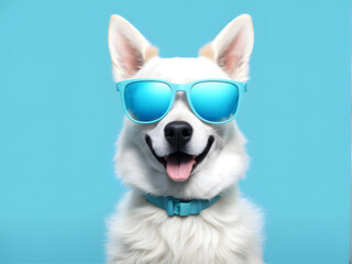 A white dog wearing sunglasses and a blue collar