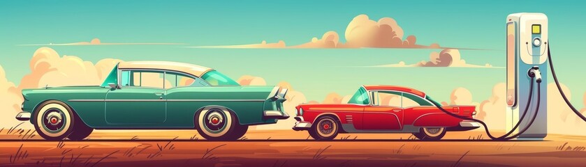 In a retro cartoon, a vintage car transforms into a modern electric vehicle, highlighting the evolution of brand reputation through sustainable practices in a nostalgic cartoon concept