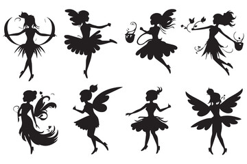 Fairy magic silhouettes set white background