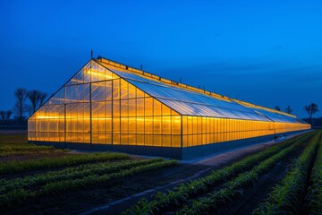 Brightly lit greenhouse in Westland Netherlands under blue sky