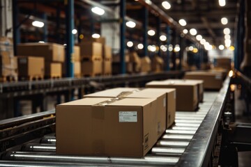 Brown boxes on conveyor belt in lit warehouse against boxes