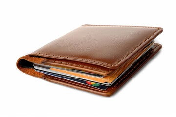 Brown leather wallet with money and credit card on white background