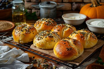 Buns with pumpkin seeds made in rustic bakery