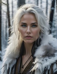 Beautiful Viking princess in the snow covered in furs