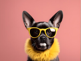 Fototapeta premium A black dog wearing yellow sunglasses and a yellow scarf