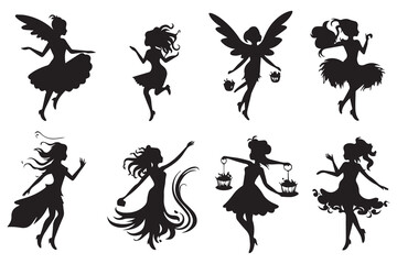 Fairy magic silhouettes set white background