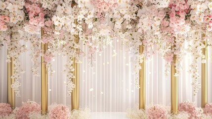  An exquisite backdrop adorned with delicate pastel pink and white flowers cascading from gold pillars 