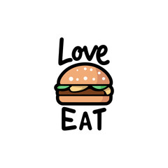 love eat hamburger snack food meal delicious sticker label vector illustration template design