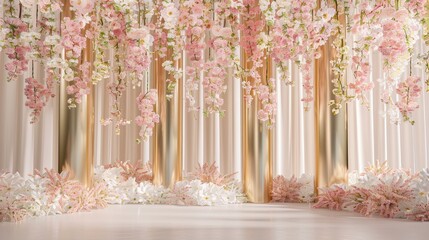 Gorgeous Photography Backdrop: An exquisite backdrop adorned with delicate pastel pink and white flowers cascading from gold pillars 