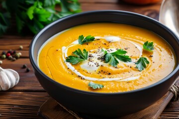 Carrot soup with cream and fresh herbs on wooden table
