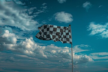 Checkered flag against backdrop of cumulus clouds