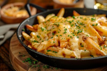 Cheesy fries with herbs in a pan on a board