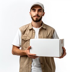 The delivery man carefully transports a white blank mockup package, ensuring its pristine condition for a flawless presentation upon arrival