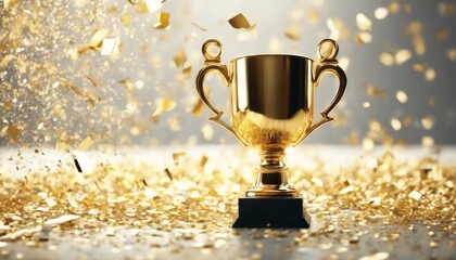 'confetti close falling space rendering. golden copy award Amazing text 3d trophy light background dark prize competition first vintage sport winner achievement cup object glowing gold' - Powered by Adobe