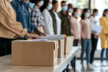The image features a voting box placed on a table, with ballots neatly stacked beside it and a line of diverse people waiting to cast their votes