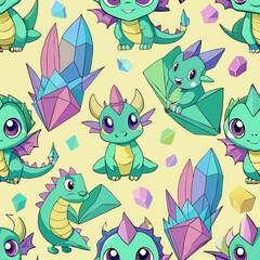 Seamless pattern of adorable baby dragons playing with colorful crystals, Generative AI