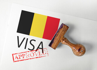 Belgium Visa Approved with Rubber Stamp and flag
