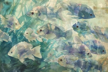 Obraz premium Tilapia swim in gentle schools, a graceful ballet performed in the warm waters of their tropical home, kawaii water color
