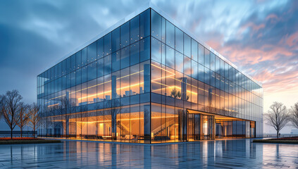  Modern office building exterior with glass walls and square shape. Created with Ai