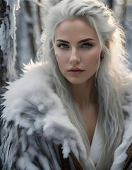Beautiful Viking princess in the snow covered in furs