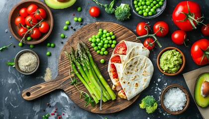 Chicken and vegetables are wrapped in tortilla with asparagus avocado tomatoes peas and cheese on a cutting board Background of a food recipe Close up