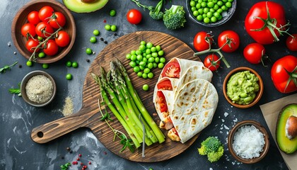 Chicken and vegetables are wrapped in tortilla with asparagus avocado tomatoes peas and cheese on a...