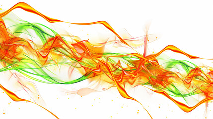 Vivid orange neon lightning bolts intertwined with vibrant green wave patterns, isolated on a solid white background."