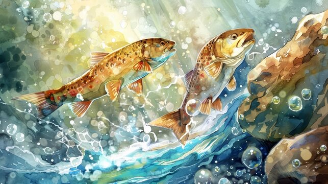 Trout dart through crystal streams, their scales catching light like precious gems in motion, kawaii water color