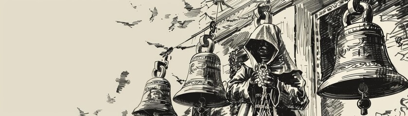 A ceremony commences with the ringing of ancient bells, illustrated in an elegant ink drawing that captures the solemn atmosphere, ink drawing concept