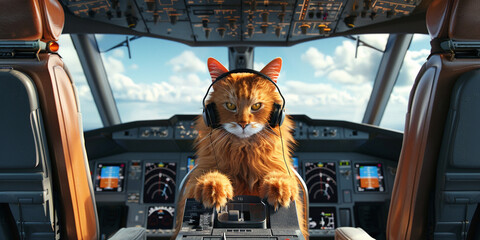 A cat wearing the head phone in the airplane