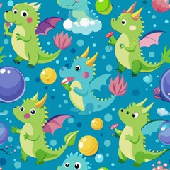 Seamless pattern of playful dragons blowing bubbles in a meadow, Generative AI