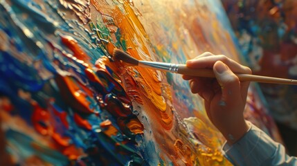 An individual is standing in front of a canvas, applying colorful paint using a brush. The person...