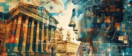 Artworks depicting the history of money and finance, juxtaposed with images of modern digital financial technologies