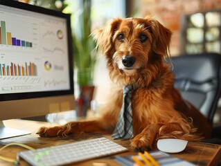 Dog wearing a tie and analyzing financial data on a computer, a playful representation of financial literacy