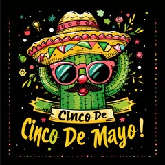 Celebrate Cinco De Mayo with a captivating logo! Picture a cheerful cartoon cactus in a colorful sombrero and charming fake mustache