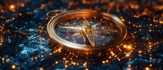 Golden compass navigating a complex network of digital data, Illustrating the process of finding direction and clarity in digital research