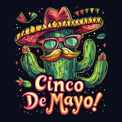 Celebrate Cinco De Mayo with a captivating logo! Picture a cheerful cartoon cactus in a colorful sombrero and charming fake mustache