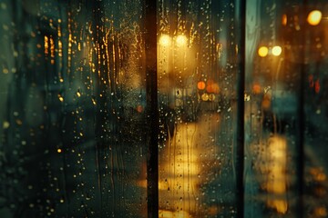 Artistic shot of raindrops on a window, with the city lights blurring in the background, Raindrops on window create a blurred, bokeh effect of golden street lights, conjuring mood of urban tranquility