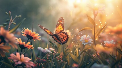 Imagine a fantasy world where butterflies serve as guardians of flowers, protecting them from harm and ensuring that the dewy grass thrives  