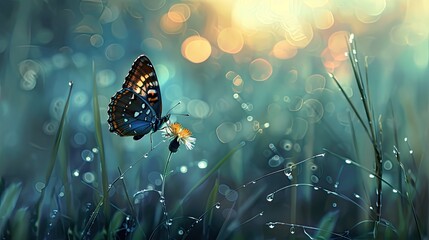 Imagine a painting depicting a butterfly perched on a flower surrounded by grass with dewdrops catching the light of dawn   - Powered by Adobe