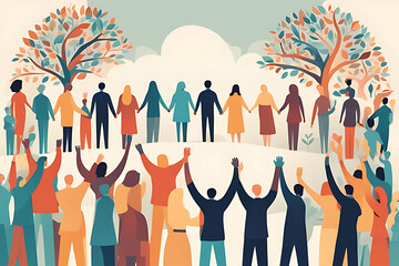 Illustration of different groups of people holding hands. Unity, community, the nature of teamwork, cooperation, the concept of helping each other in a multicultural society, ai, generative, 생성형