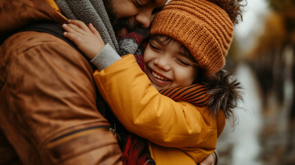 Warm embrace between a child in a yellow jacket and a parent in a cold setting.