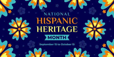 Hispanic heritage month. Vector web banner, poster, card for social media, networks. Greeting with national Hispanic heritage month text, ornament on blue background with orange, yellow color.