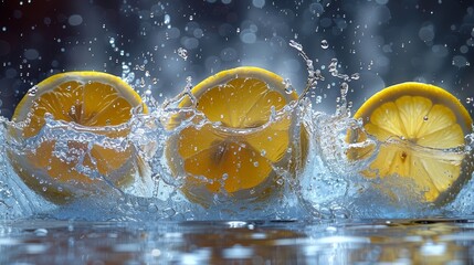   A collection of lemons bobbing in water with droplets cascading above and below