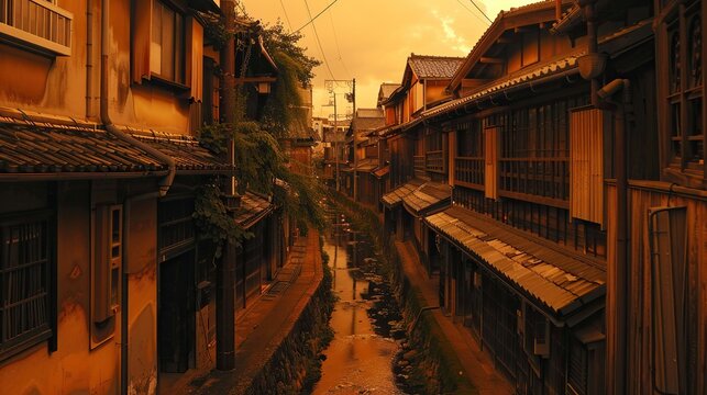 The image shows a narrow street in a traditional Japanese town. The street is lined with wooden houses and shops, and there are people walking around.