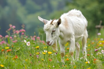 Obraz premium goat grazing in a lush green meadow with flowers