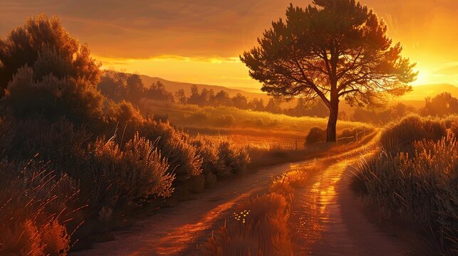 A dirt road winds through a grassy field. There are trees and bushes on either side of the road. The sun is setting in the background, casting a golden glow over the scene.